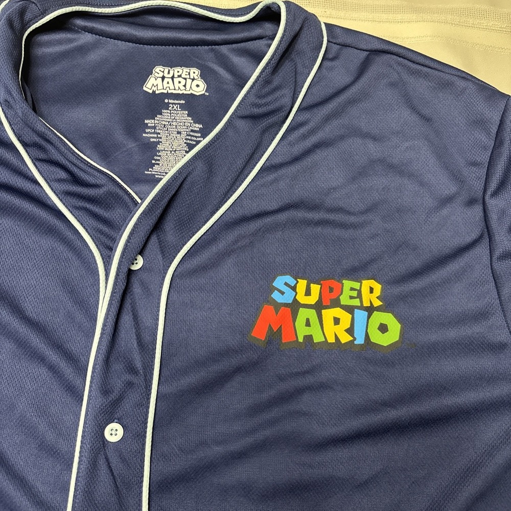 Super Mario Bros Men's 2XL Baseball Button Up Jersey Navy Blue NEW Luigi Bowser